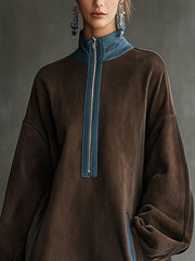 24-Hour-Shipping Brown Faux Suede Fleece High-Neck Zip-Up Oversized Mini Dress