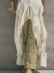 White Cotton-Linen Lace Trim Sleeveless Asymmetrical Maxi Dress