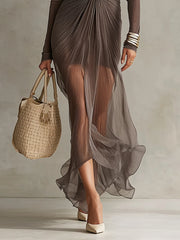 Gray Sheer Knit Chiffon Long Sleeve Bodycon Dress