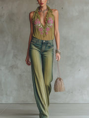 Olive Green Ruffled Halter Blouse With Floral Embroidery