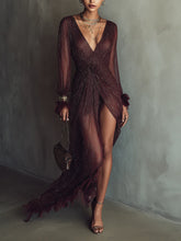 Deep Garnet Metallic Sheer Long Sleeve Draped High-Low Dress