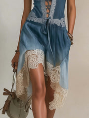 Gradient Blue Lace Patchwork Sleeveless Mini Dress