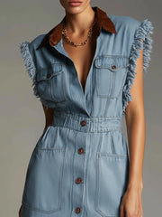 Blue Cotton Washed Denim Frayed Mini Dress
