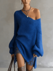 Blue Off‑Shoulder Mohair Sweater Dress With Lace Hem