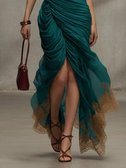 Blue Chiffon Ruched Lace Hem Maxi Dress