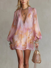 Pink Pleated Long Sleeve V-Neck Mini Dress