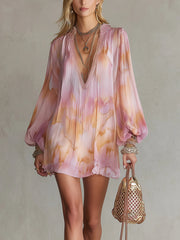 Pink Pleated Long Sleeve V-Neck Mini Dress