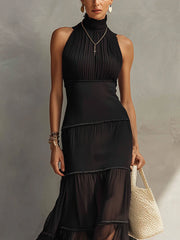 Black Sleeveless Chiffon Lace Maxi Dress
