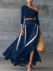 Navy One-Shoulder Crop Top And Sheer Pleated Maxi Skirt Set