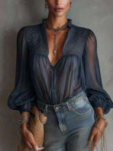 Navy Sheer Embroidered Chiffon Lantern Sleeve Blouse