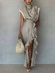 Gray Ruffled Linen Maxi Dress