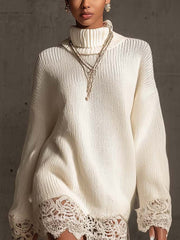 24-Hour-Shipping White Turtleneck Knit Mini Dress With Lace Trim