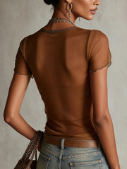 Brown Embroidered Deep V-Neck T-shirt