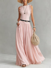Pink Lace Trim Pleated Maxi Dress
