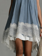 Blue Lace Trim High-Low Pleated Mini Dress