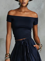 Navy Off-Shoulder Crop Top And Tiered Ruffle Chiffon Maxi Skirt Set