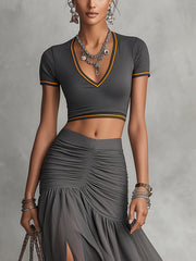 Gray T-shirt And Ruched High-Slit Layered Ruffle Maxi Skirt Set