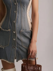 Gray Cotton Washed Denim Frayed Mini Dress