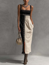 Black And Beige Patchwork Lace Trim Cotton Linen Maxi Dress
