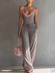 Gray And Pink Lace Trim Tank Top And Wide Leg Pants Set
