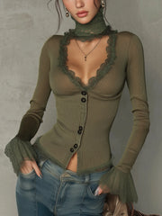 Olive Sheer Lace Knit Long Sleeve Top