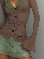 Blush Sheer Lace Trim Knit Top