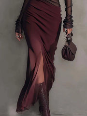 One Shoulder Black Chiffon Patchwork Burgundy Side Slit Bodycon Maxi Dress