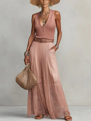 Pink Pleated Lace Hem Maxi Skirt & Deep V-Neck Sleeveless Top Set