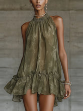 Olive Halter Neck Ruffled Hem Floral Chiffon Mini Dress