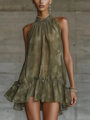 Olive Halter Neck Ruffled Hem Floral Chiffon Mini Dress
