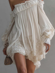 White Paisley Vintage Print One Shoulder Chiffon Mini Dress