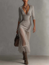 Gray Colorblock Mesh Hem Bodycon Dress