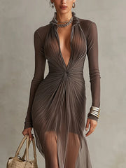 Gray Sheer Knit Chiffon Long Sleeve Bodycon Dress