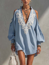 Blue Cotton Linen Mini Dress With Baroque Embroidered V-Neck