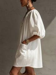 White Off-Shoulder Puff Sleeve Button Mini Dress