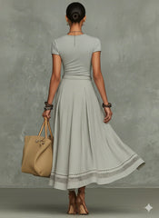 Gray V-Neck T-shirts And Midi Skirt Set