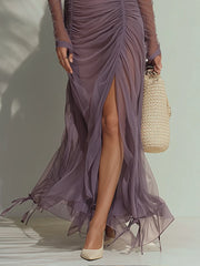 Purple Long Sleeve Chiffon Ruched Maxi Dress