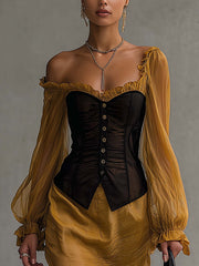 Gold And Black One Shoulder Patchwork Mini Dress
