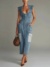 Blue Denim Frayed Sleeveless Zip Up Bodycon Dress