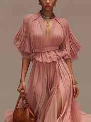 Pink Deep V-Neck Short Sleeve Ruched Chiffon Maxi Dress