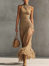 Khaki Sleeveless Ruched Bodycon Chiffon Patchwork Maxi Dress