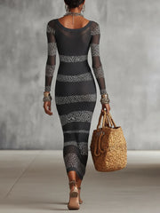 Gray And White Knit Bodycon Dress With Leopard Stripe Detailing