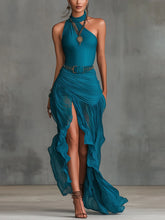 Blue One-Shoulder Pleated Chiffon High-Slit Maxi Dress