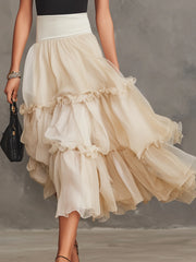 Black Fitted Top And Cream Pleated Tiered Ruffle Chiffon Maxi Skirt Set