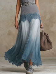 Gray T-shirt And Blue Ombre Lace Hem Flowing Maxi Skirt