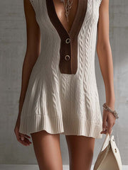 White Cable Knit Mini Dress With Brown Contrast Collar