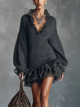 Gray Knit Mini Dress With Ruffled V-Neckline And Chiffon Hem