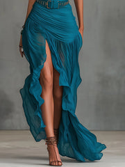 Blue One-Shoulder Pleated Chiffon High-Slit Maxi Dress