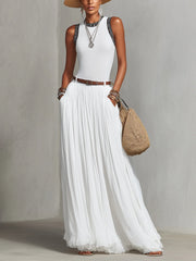 White Pleated Lace Shoulder Two-Piece Maxi Set