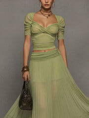 Green Stretch Top And Pleated Chiffon Skirt Set